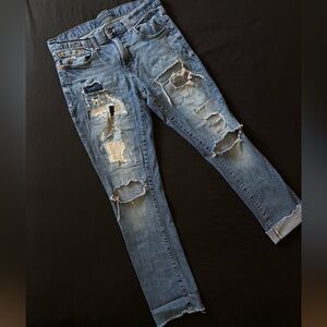 Distressed Blue Jeans for Men, Slim Straight Fit, Cuffable